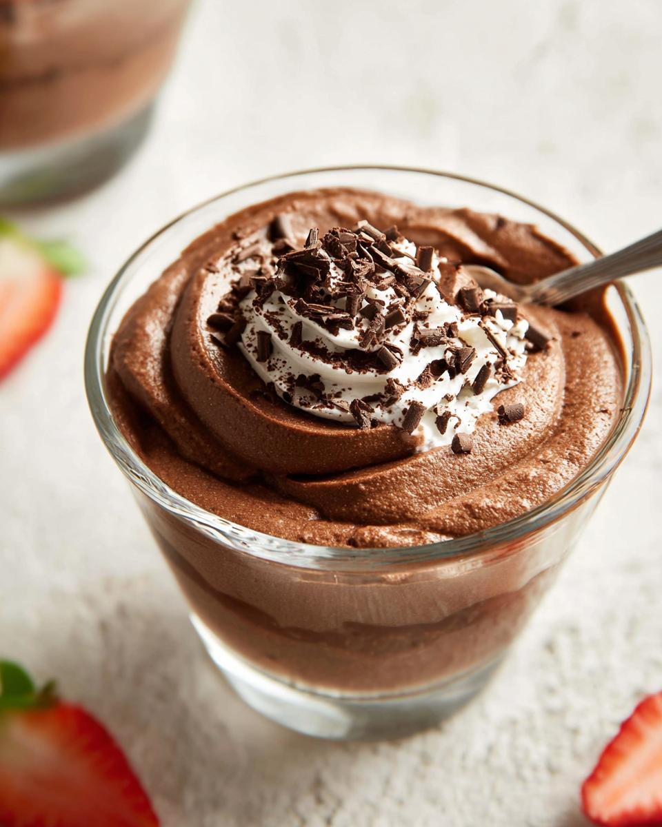 A close-up of a glass filled with creamy Easy Cottage Cheese Chocolate Mousse, topped with whipped cream and chocolate shavings.