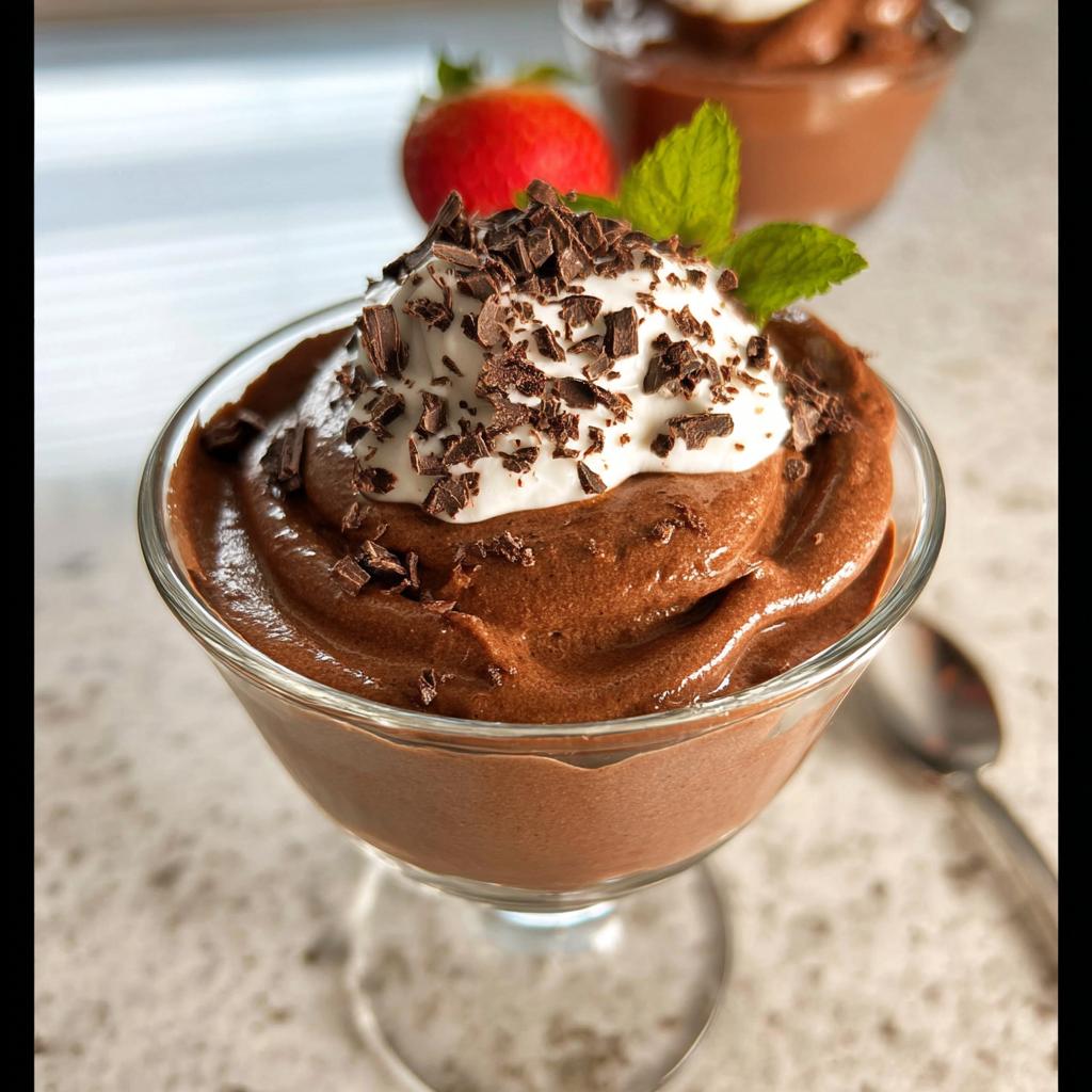 A close-up of a glass dish filled with creamy Easy Cottage Cheese Chocolate Mousse, topped with whipped cream and chocolate shavings.
