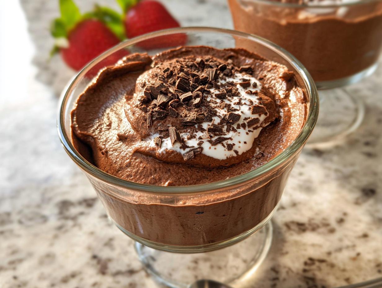A close-up of a glass dish filled with rich, Easy Cottage Cheese Chocolate Mousse, topped with whipped cream and chocolate shavings.