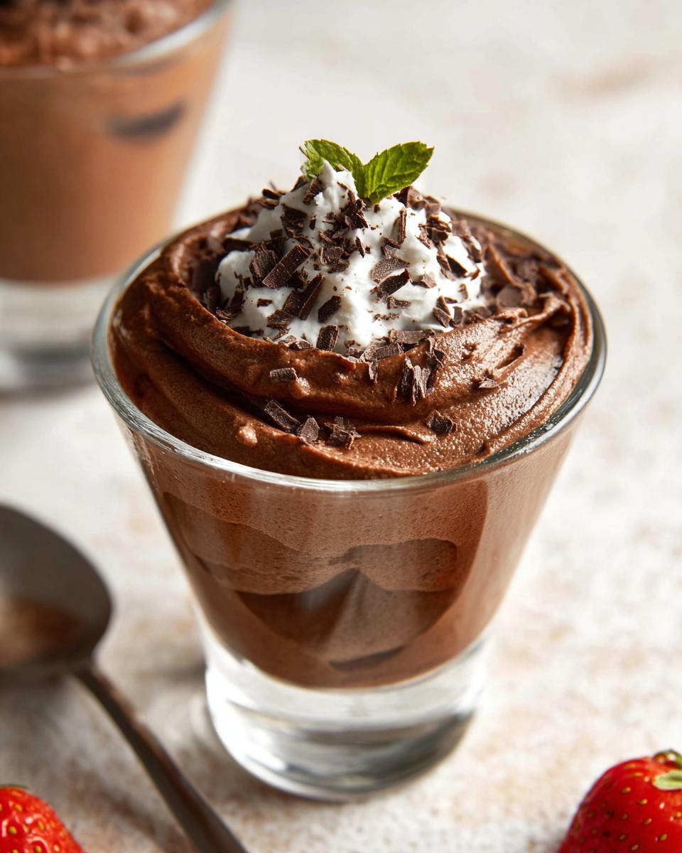 A decadent serving of Easy Cottage Cheese Chocolate Mousse, topped with whipped cream, chocolate shavings, and a mint leaf.
