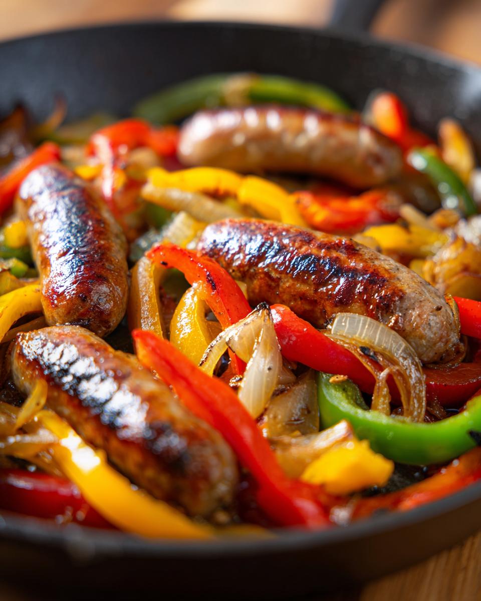 Close-up of browned sausages and colorful bell peppers and onions sizzling in a cast-iron skillet, part of an easy dinner recipe.