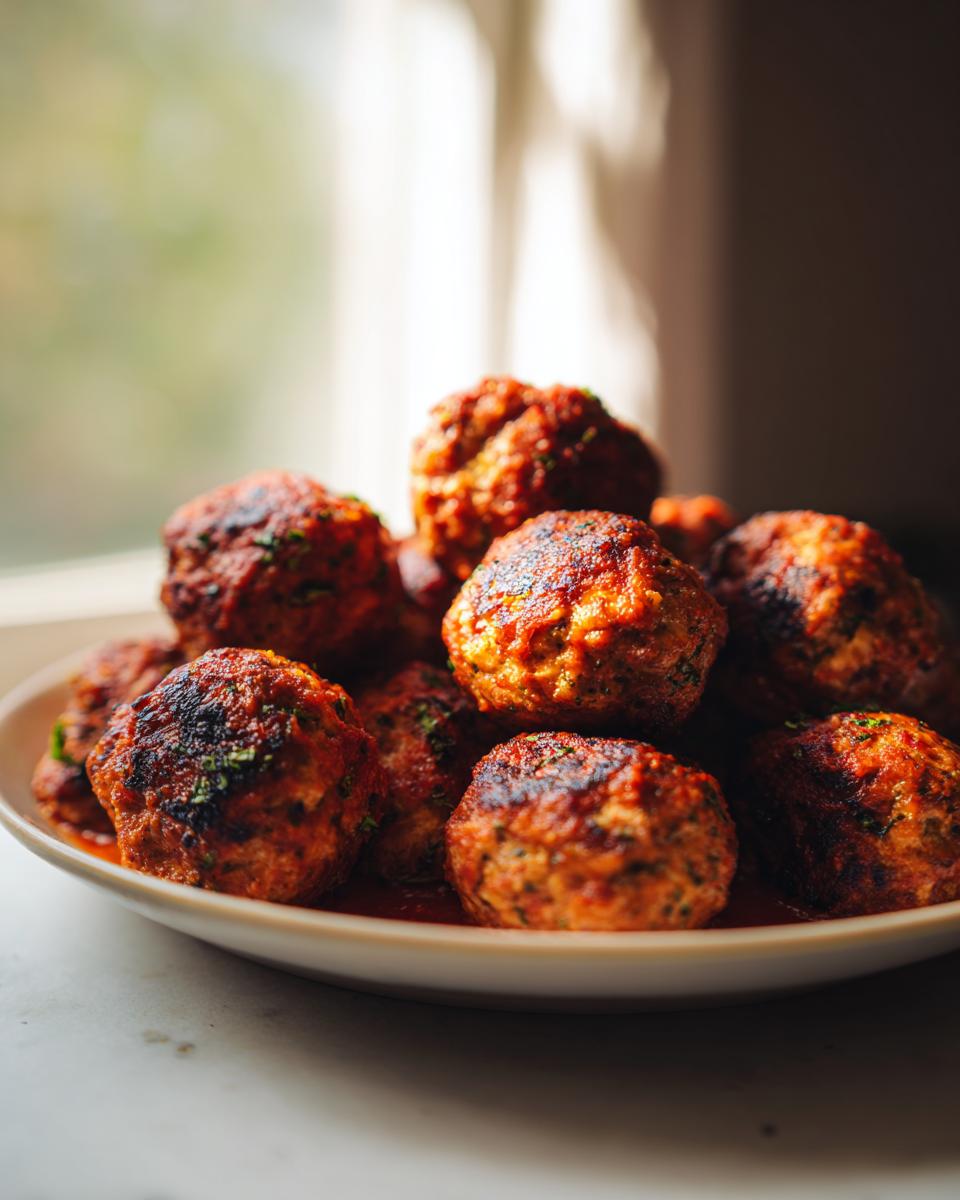 A close-up shot of a pile of delicious baked meatballs in a white bowl, perfect for easy dinner recipes.