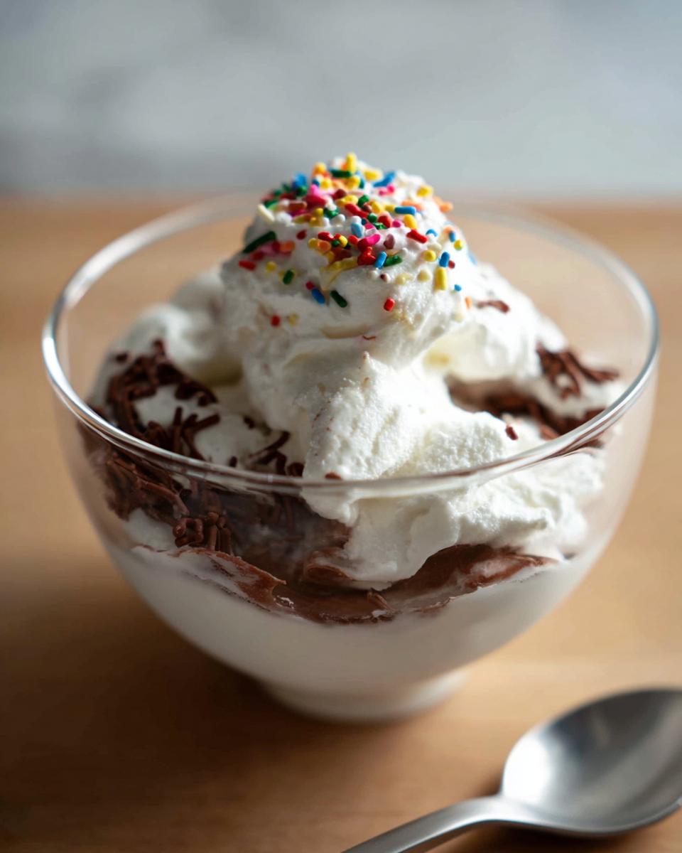 A close-up of a glass bowl filled with creamy frozen Greek yogurt, topped with whipped cream and colorful sprinkles.
