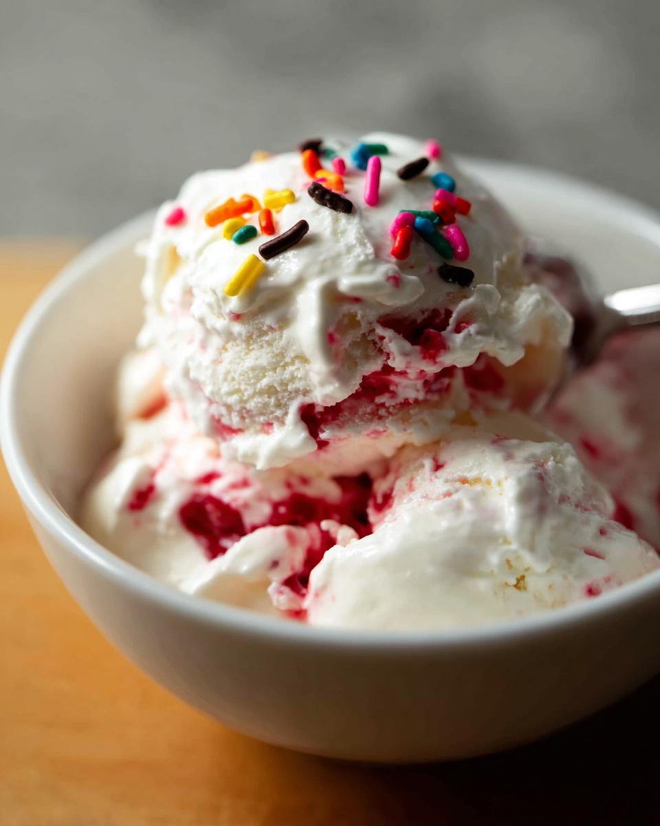 A bowl of creamy frozen Greek yogurt swirled with raspberry and topped with colorful sprinkles.