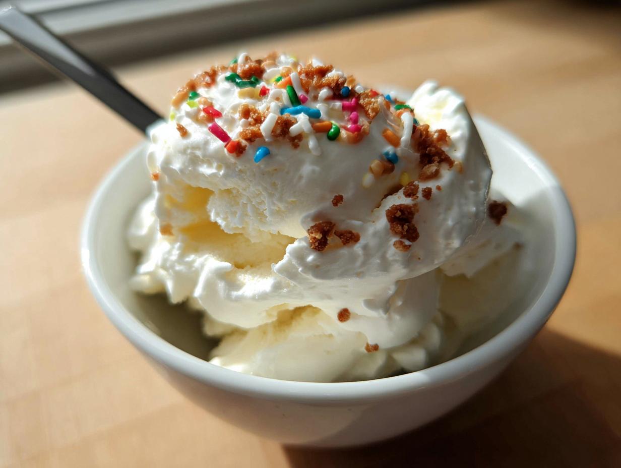A bowl of creamy frozen Greek yogurt topped with colorful sprinkles and crunchy bits.