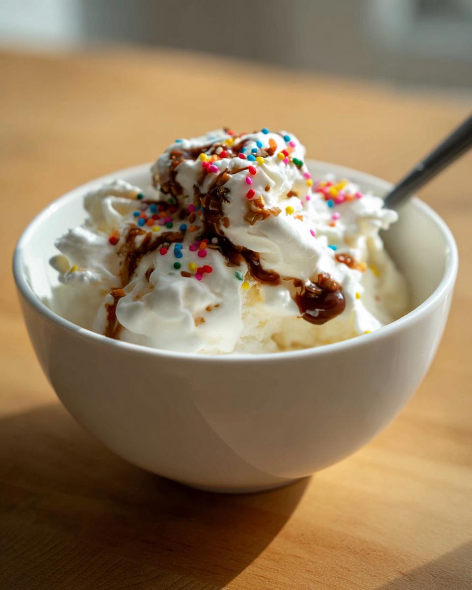 A bowl of creamy frozen Greek yogurt topped with whipped cream, chocolate sauce, and colorful sprinkles.