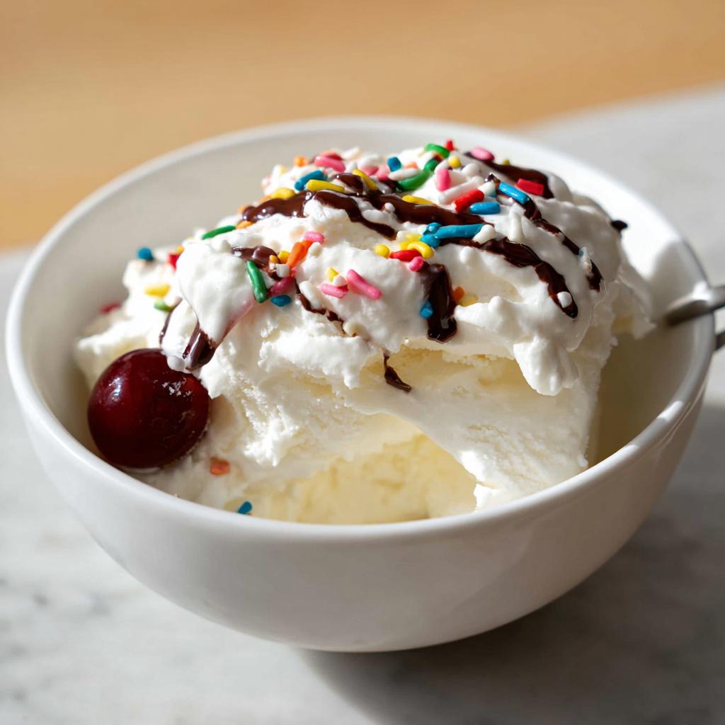 A bowl of creamy frozen Greek yogurt topped with chocolate sauce, colorful sprinkles, and a cherry.