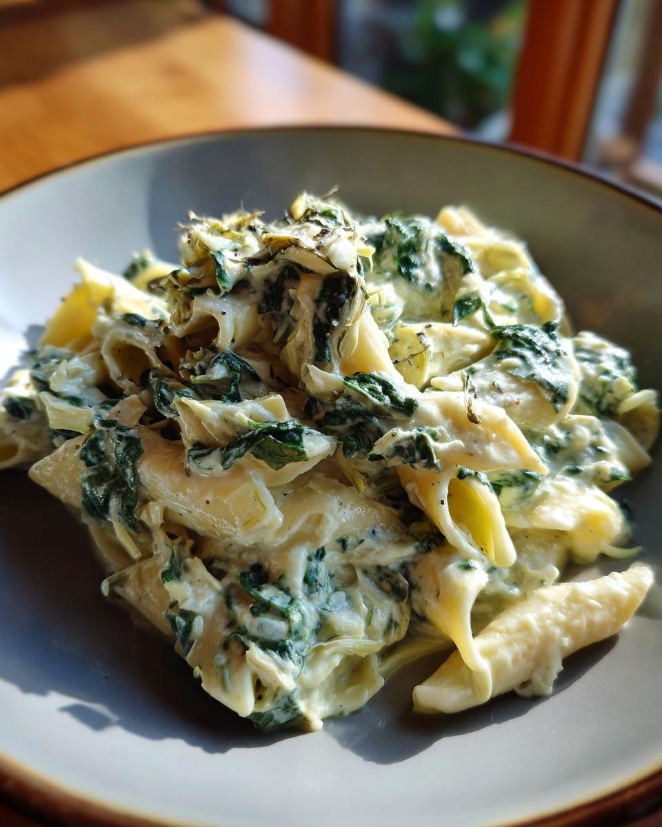 A close-up of creamy spinach artichoke pasta in a bowl, showcasing penne pasta with spinach and artichoke hearts in a rich sauce.