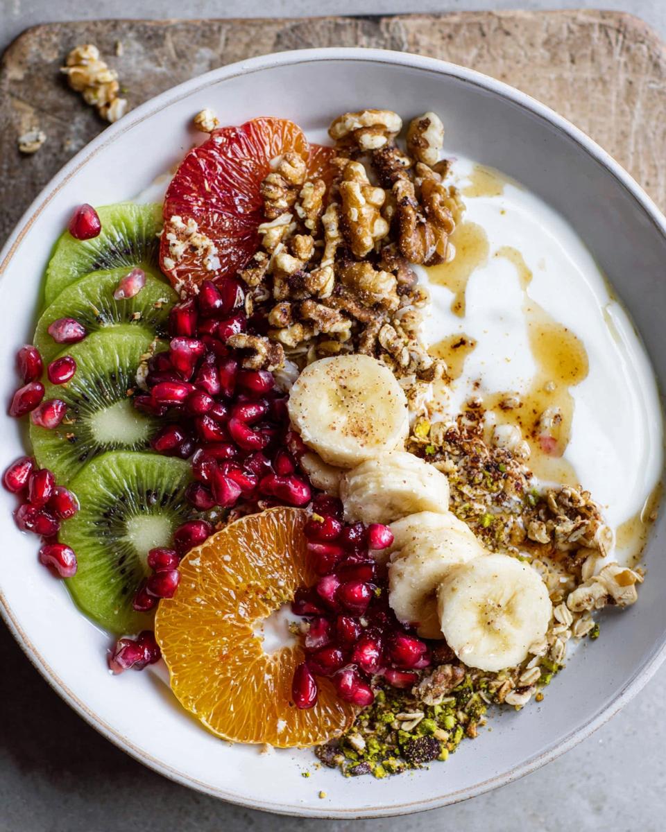 A vibrant and healthy Easy Yogurt Granola Bowl topped with kiwi, pomegranate, orange, banana, walnuts, and granola.