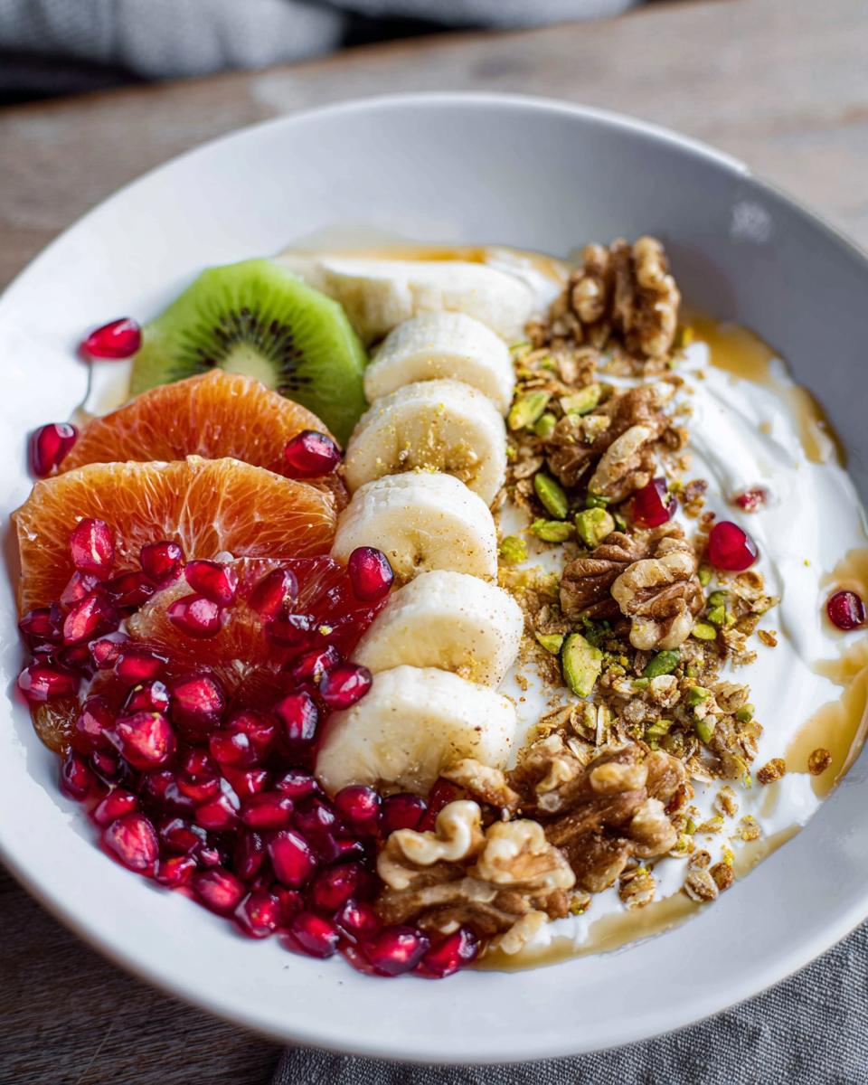 A vibrant Easy Yogurt Granola Bowl filled with yogurt, granola, banana, orange, kiwi, pomegranate, and walnuts.