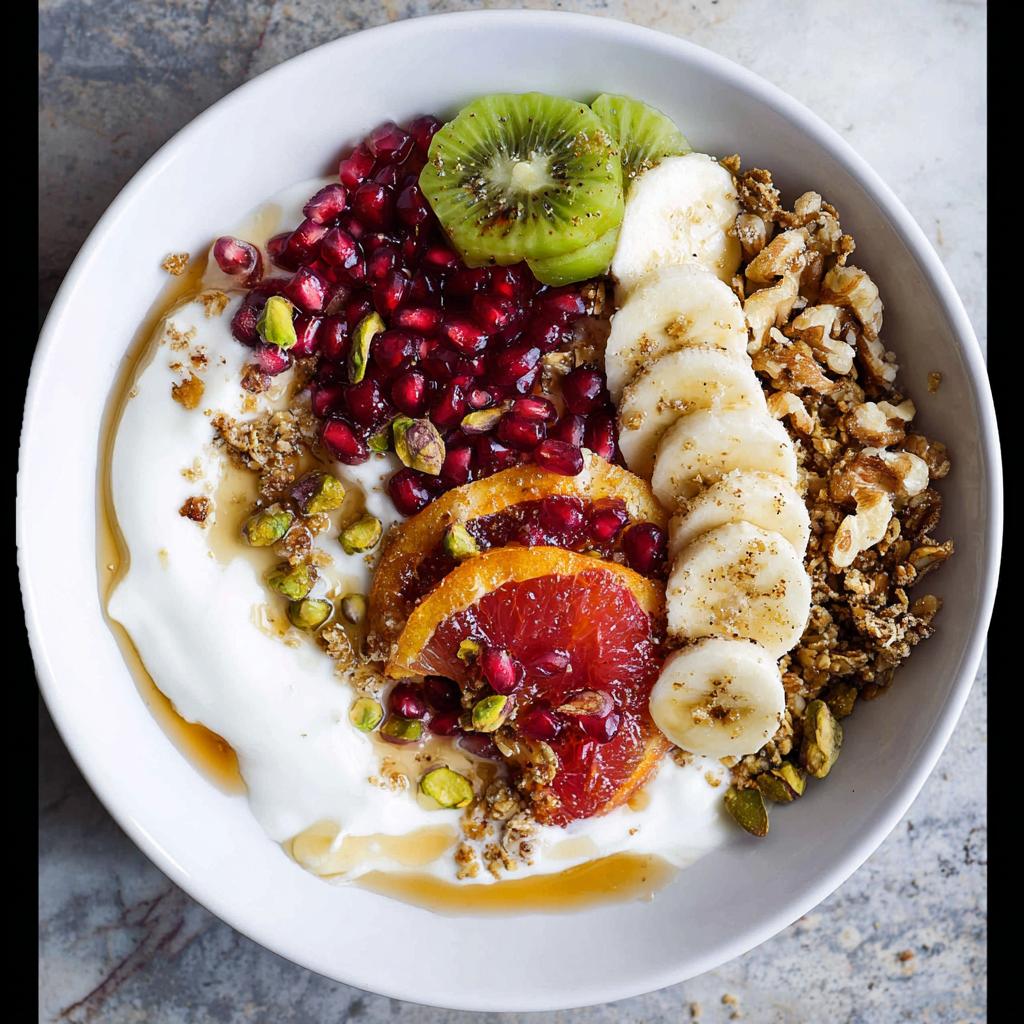 A vibrant and healthy Easy Yogurt Granola Bowl topped with kiwi, pomegranate, orange slices, banana, and walnuts.