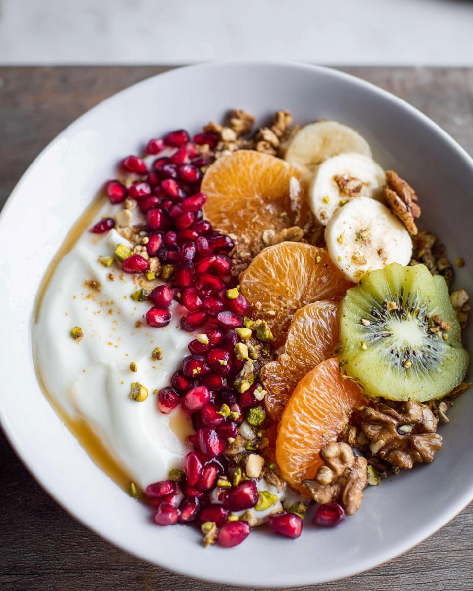 A vibrant and healthy Easy Yogurt Granola Bowl topped with pomegranate seeds, mandarin orange slices, kiwi, banana, walnuts, and granola.