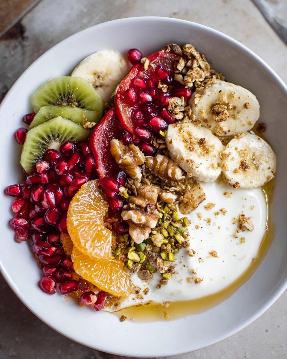 A vibrant and healthy Easy Yogurt Granola Bowl topped with kiwi, grapefruit, pomegranate, orange slices, banana, walnuts, pistachios, and granola.