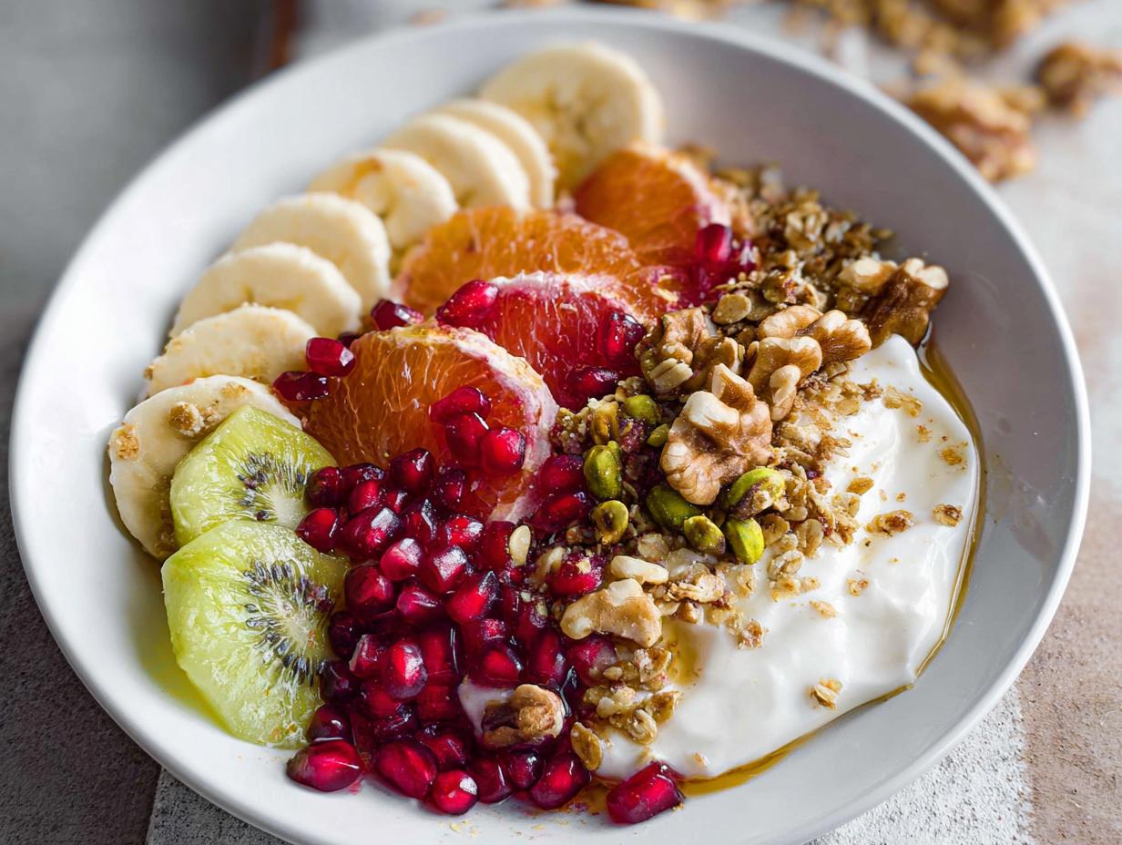 A vibrant and healthy Easy Yogurt Granola Bowl topped with sliced bananas, oranges, kiwi, pomegranate seeds, granola, nuts, and honey.