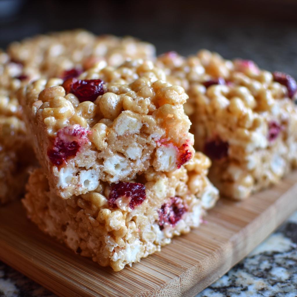 Close-up of Firecracker Rice Krispie Treats with visible marshmallows and dried cranberries.