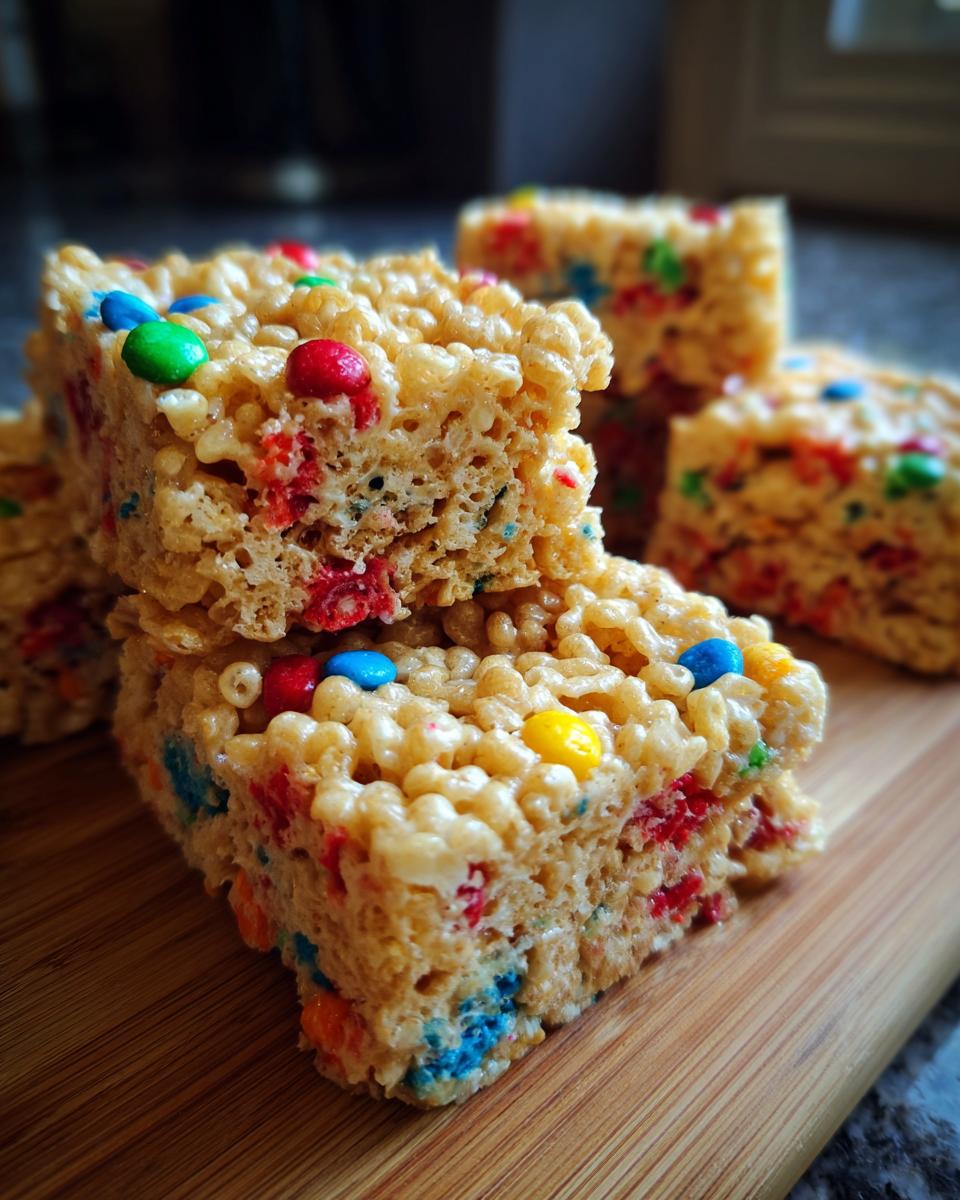 Close-up of Firecracker Rice Krispie Treats with colorful M&Ms, perfect for Fourth of July Desserts.