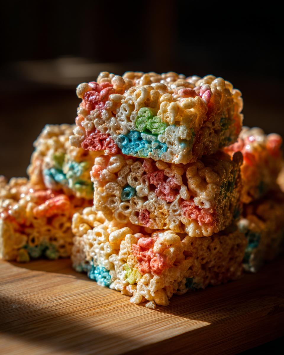 Close-up of stacked Firecracker Rice Krispie Treats with vibrant red, blue, and green colors.