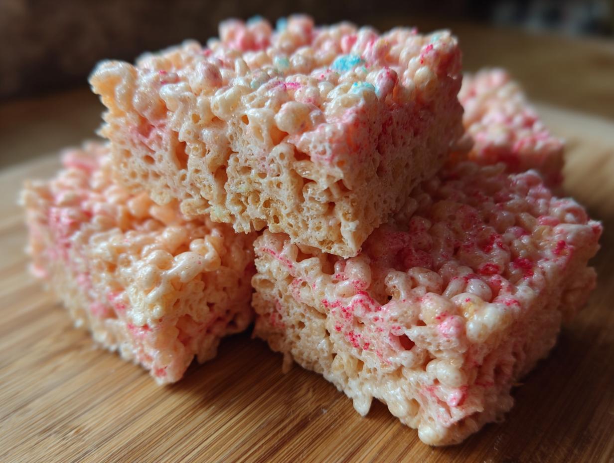 Close-up of stacked Firecracker Rice Krispie Treats with red and blue sprinkles, perfect for Fourth of July desserts.