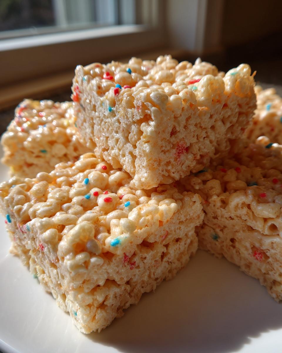 Close-up of Firecracker Rice Krispie Treats with red and blue sprinkles, perfect for Fourth of July desserts.
