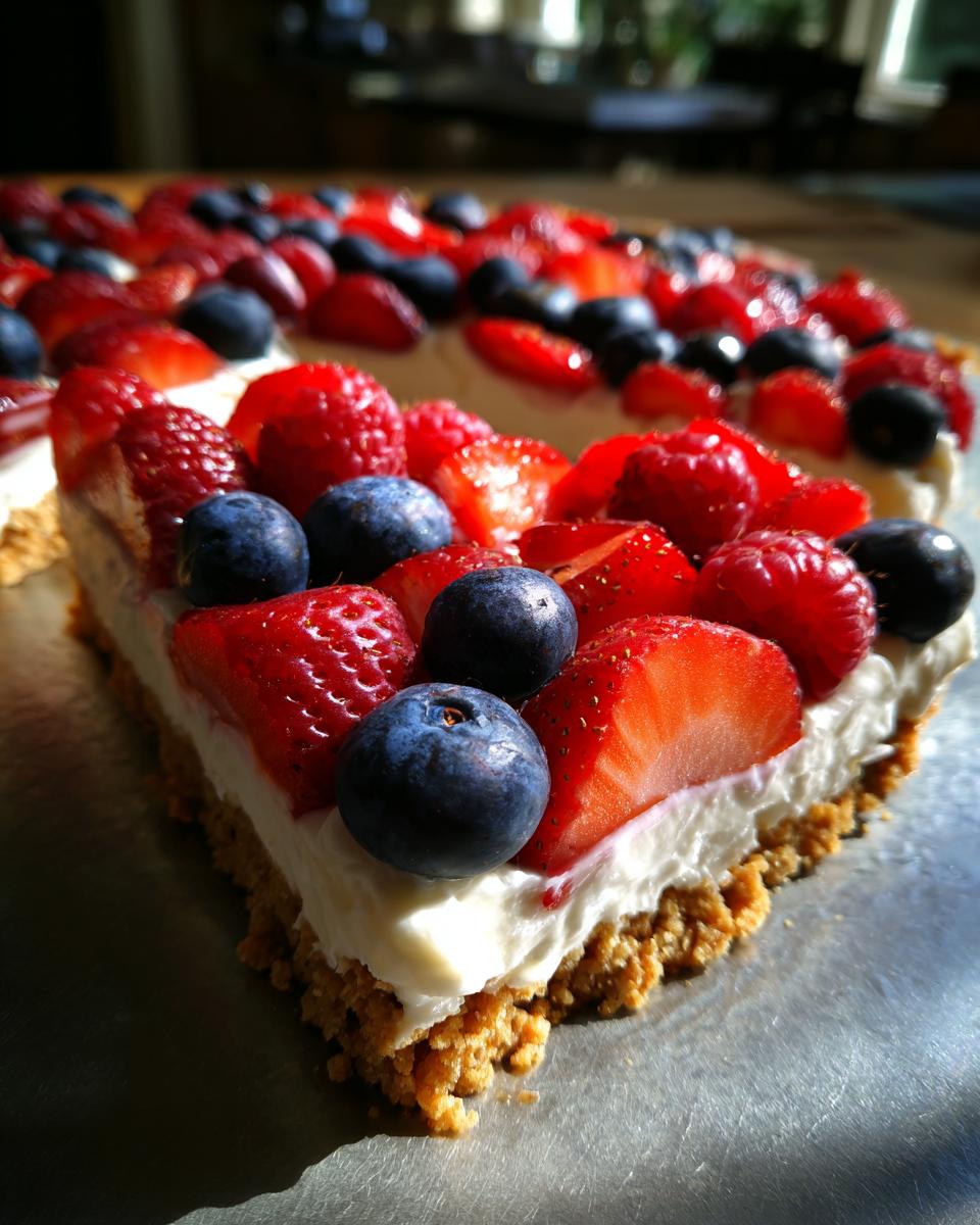 A slice of Flag Fruit Pizza on a cookie crust, topped with cream cheese frosting and fresh strawberries and blueberries.