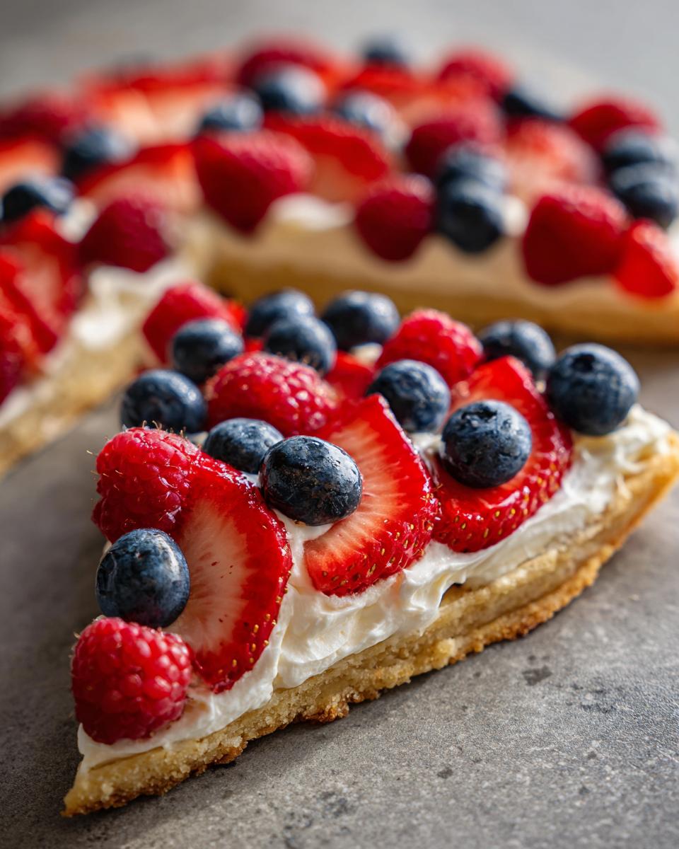 A slice of Fourth of July dessert: flag fruit pizza on a cookie crust with strawberries, blueberries, and raspberries.