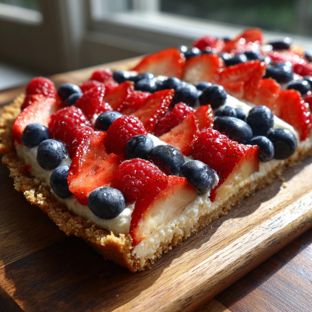 A slice of Fourth of July dessert: Flag Fruit Pizza on a cookie crust with strawberries, blueberries, and raspberries.