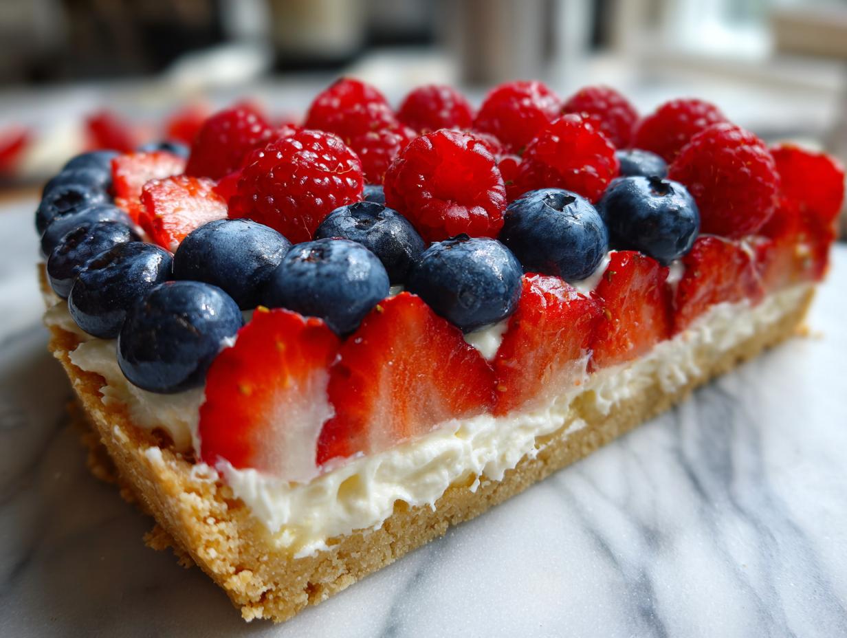 A slice of Flag Fruit Pizza on a cookie crust, topped with cream cheese frosting and fresh strawberries, blueberries, and raspberries.