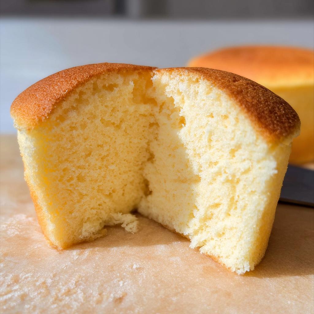 A close-up of a Fluffy Japanese Cotton Cheesecake Cupcake cut in half, revealing its incredibly light and airy texture.