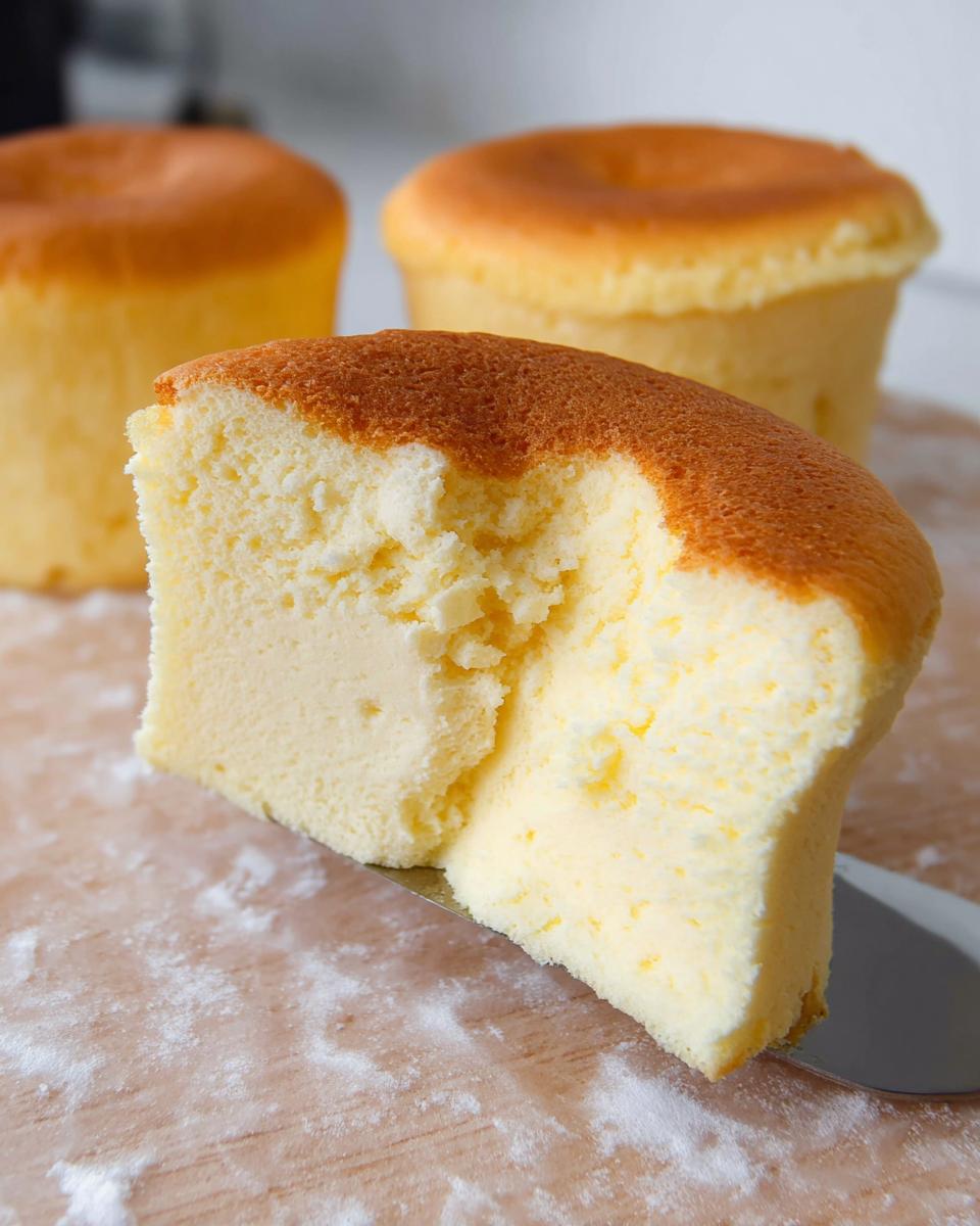 A slice of fluffy Japanese Cotton Cheesecake Cupcake being lifted by a spatula, showing its airy texture.