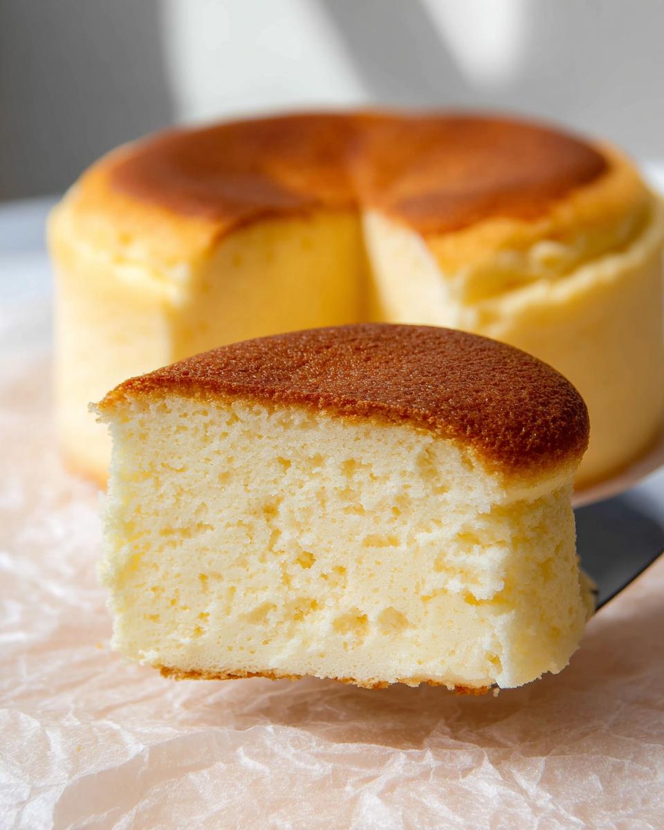 A slice of fluffy Japanese cotton cheesecake cupcake, showcasing its airy texture and golden-brown top.
