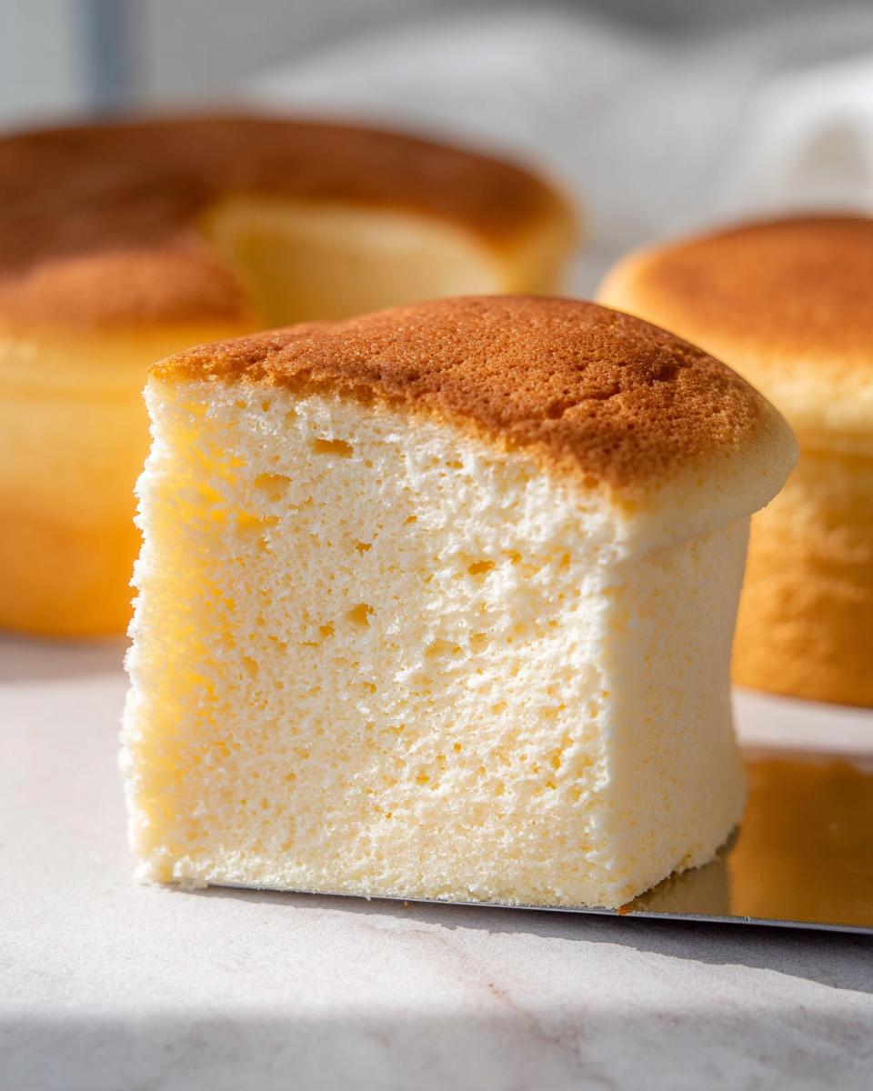 A close-up of a slice of Fluffy Japanese Cotton Cheesecake Cupcakes, showcasing its airy texture and golden-brown top.