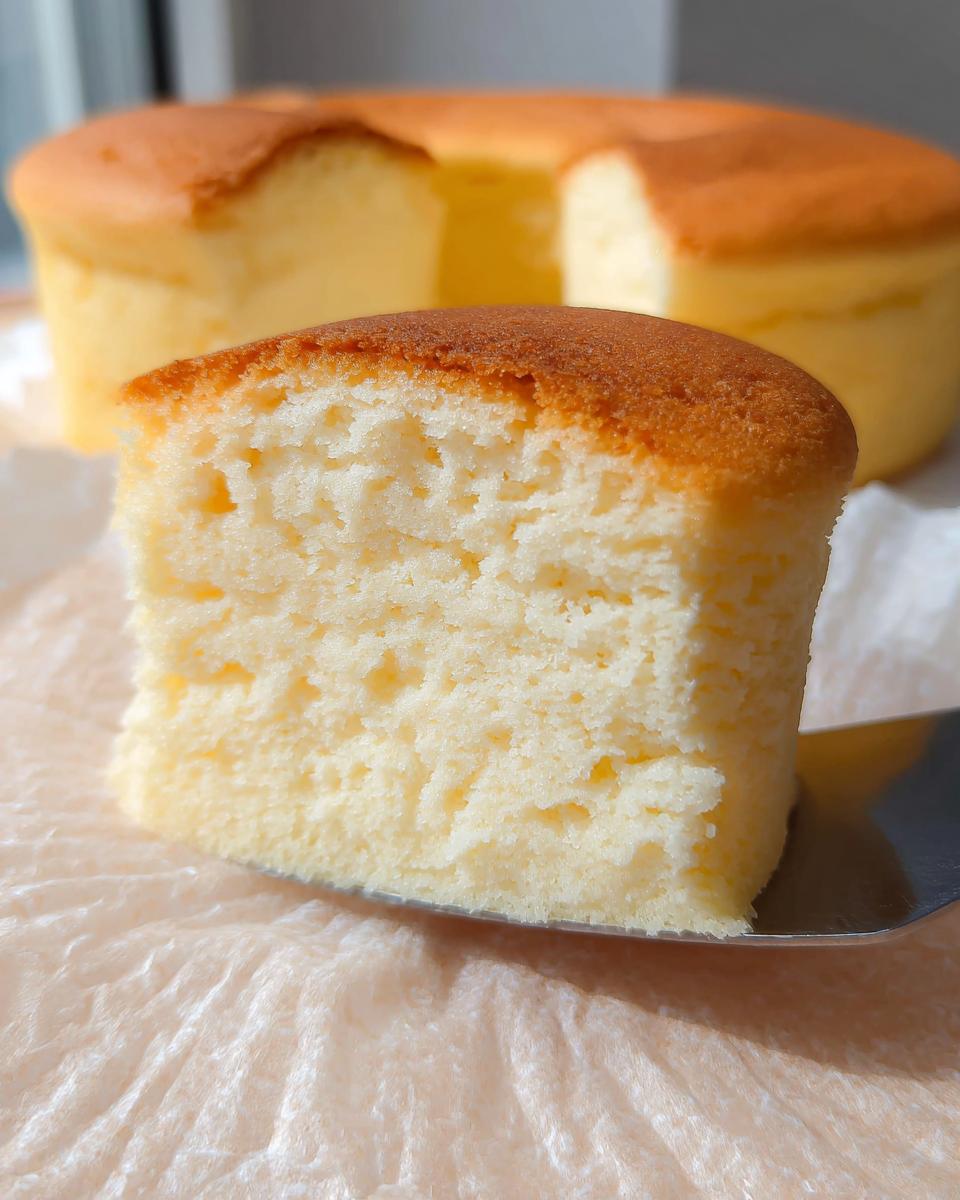 A slice of fluffy Japanese cotton cheesecake cupcake, showing its airy texture and golden-brown top.