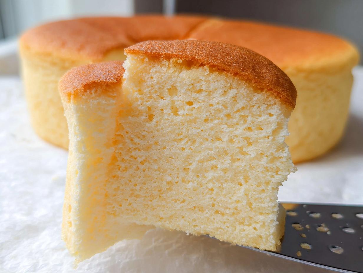 A slice of fluffy Japanese cotton cheesecake cupcake with a golden-brown top and airy interior.