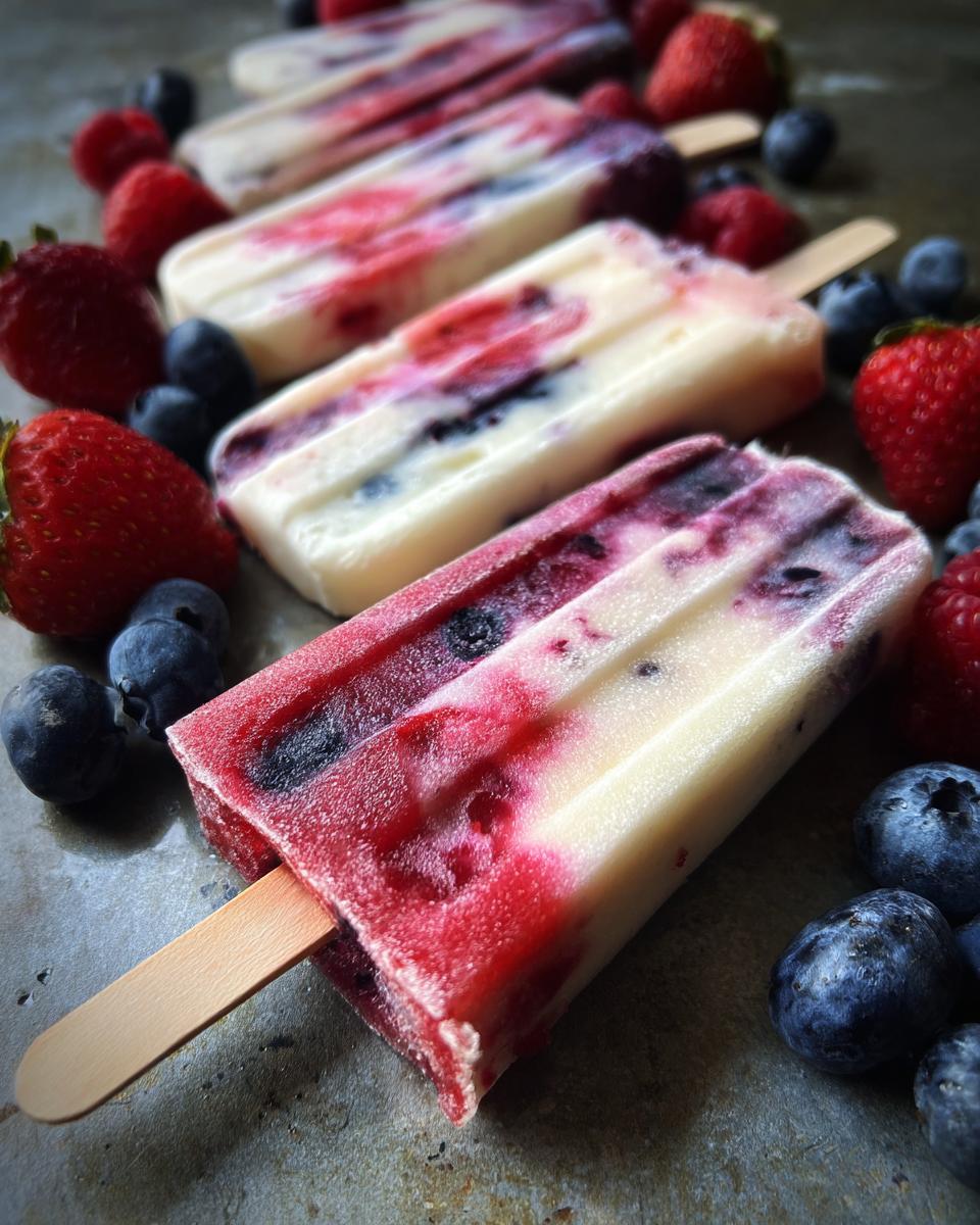 Close-up of bright berry popsicles with strawberries and blueberries, perfect for Fourth of July desserts.