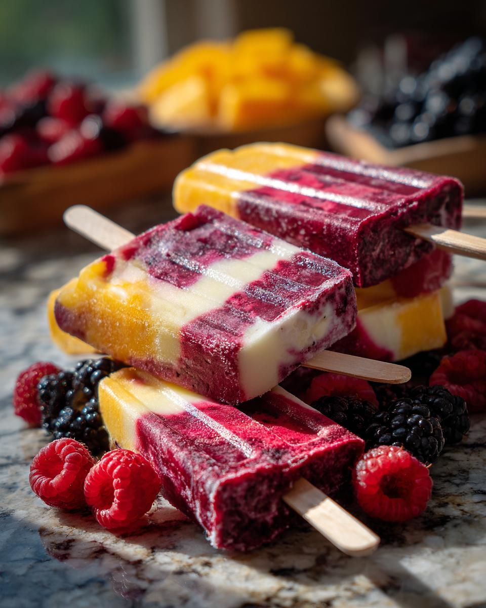 A stack of vibrant berry and mango popsicles, surrounded by fresh raspberries and blackberries, perfect for Fourth of July desserts.