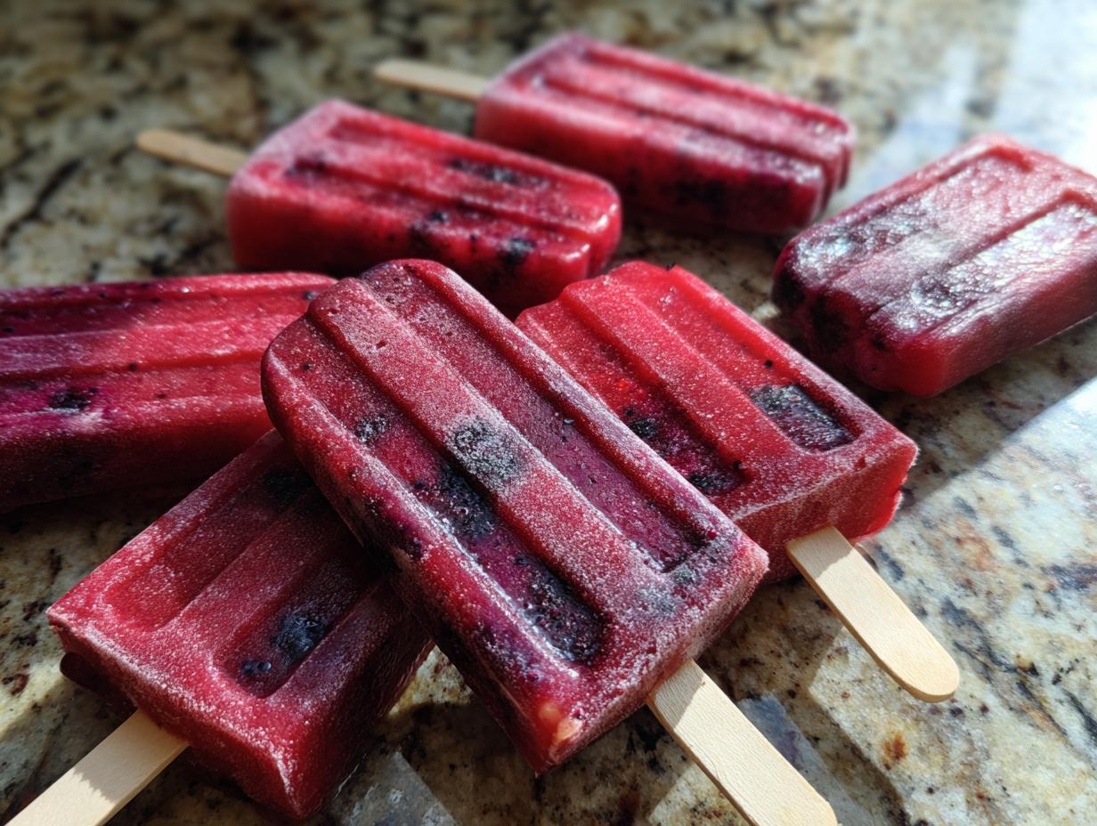 Close-up of several bright red berry popsicles with visible blueberries, perfect for Fourth of July desserts.