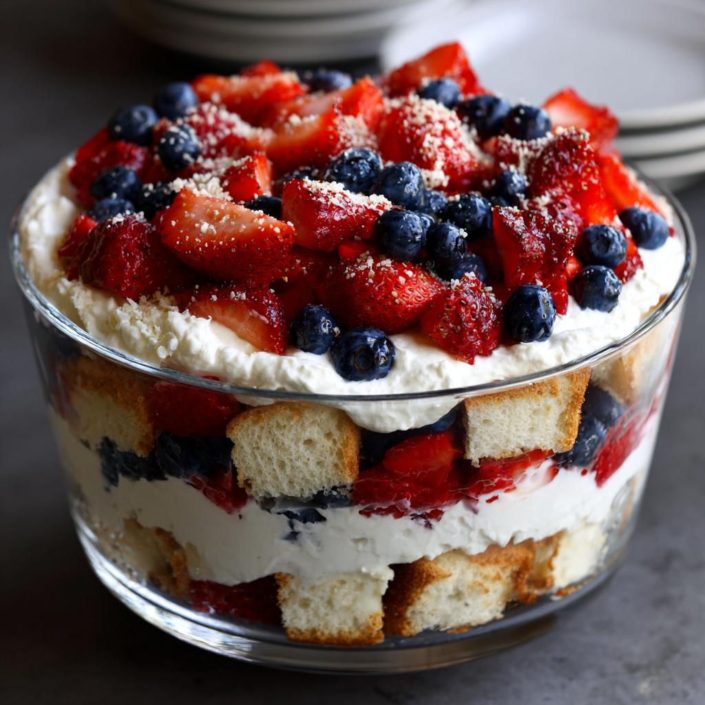 A beautiful Fourth of July dessert with patriotic layers of berry trifle in a glass bowl.