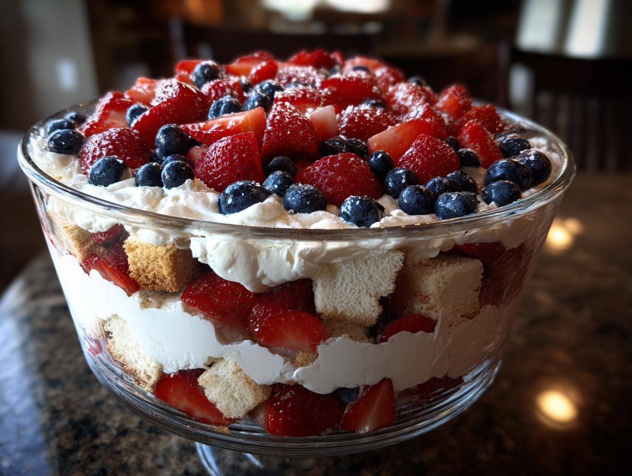 A large glass bowl filled with patriotic layers of strawberries, blueberries, whipped cream, and cake for Fourth of July Desserts.