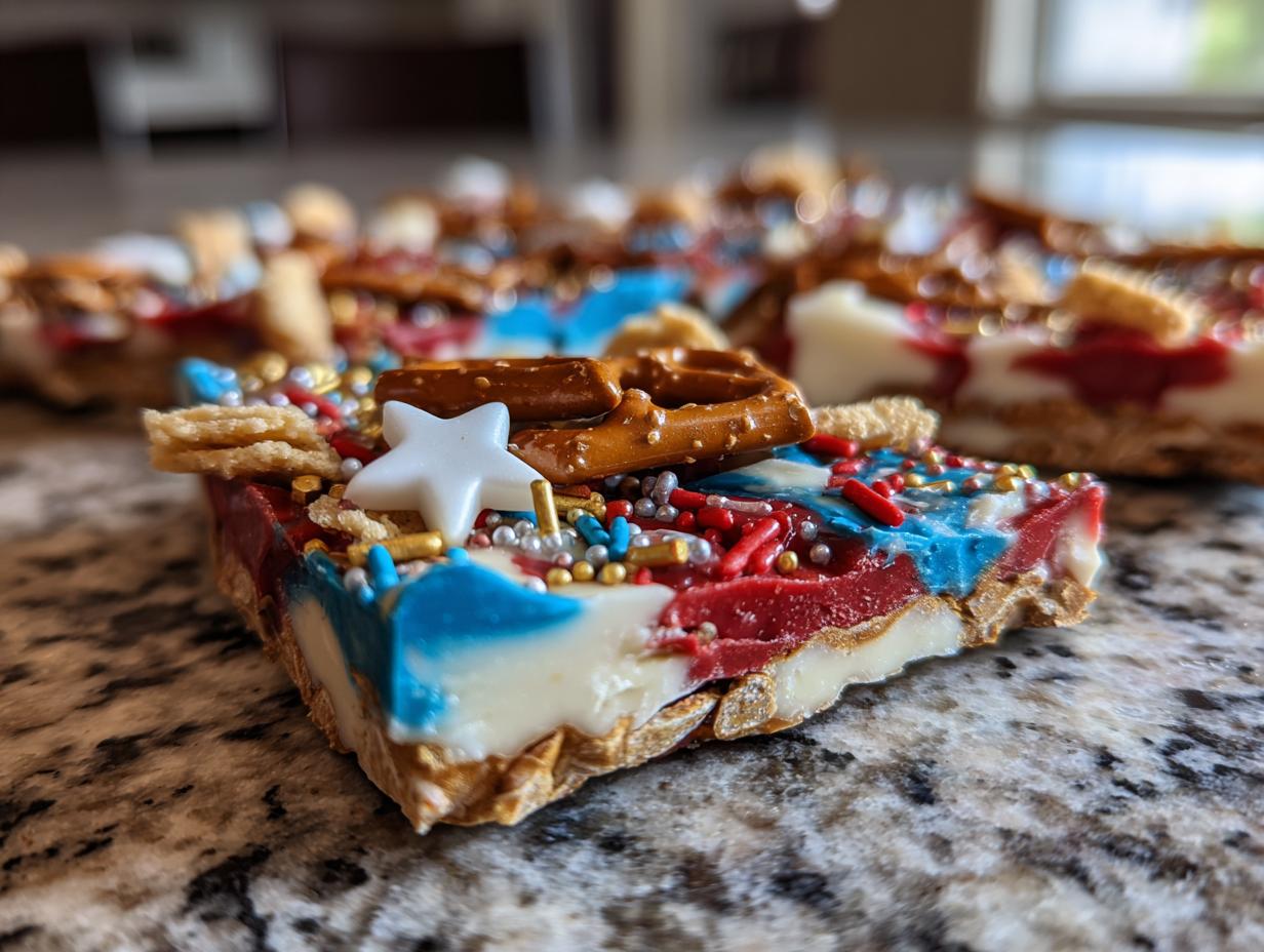 A slice of Fourth of July dessert bark with red, white, and blue swirls, topped with pretzels, stars, and sprinkles.