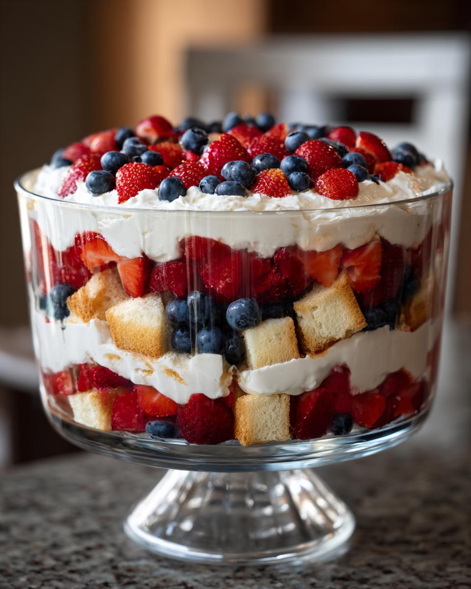 A beautiful Fourth of July dessert: a berry trifle with layers of strawberries, blueberries, pound cake, and whipped cream.