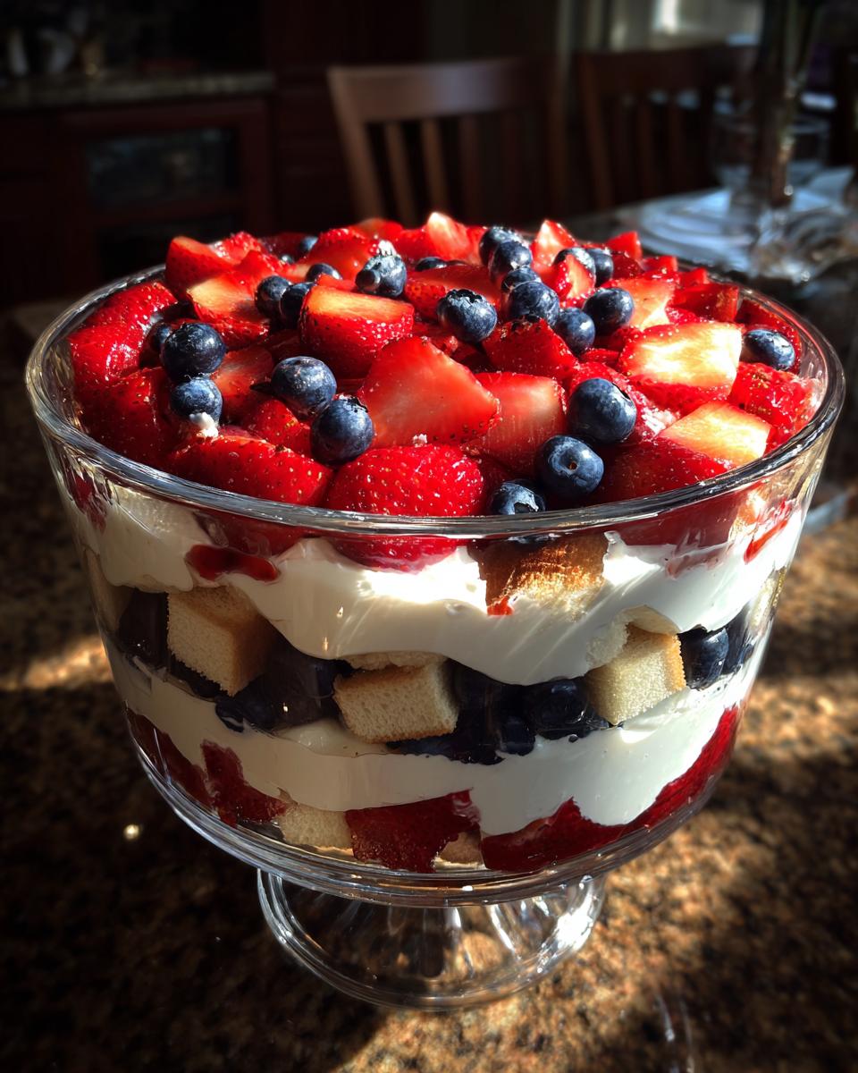 A beautiful layered Berry Trifle dessert with strawberries, blueberries, and cream, perfect for Fourth of July Desserts.