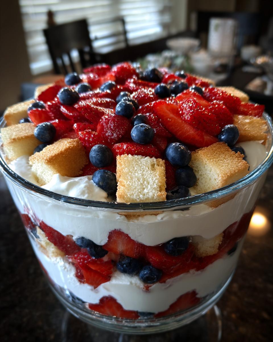 A beautiful Berry Trifle dessert with patriotic layers of strawberries, blueberries, whipped cream, and cake, perfect for Fourth of July Desserts.