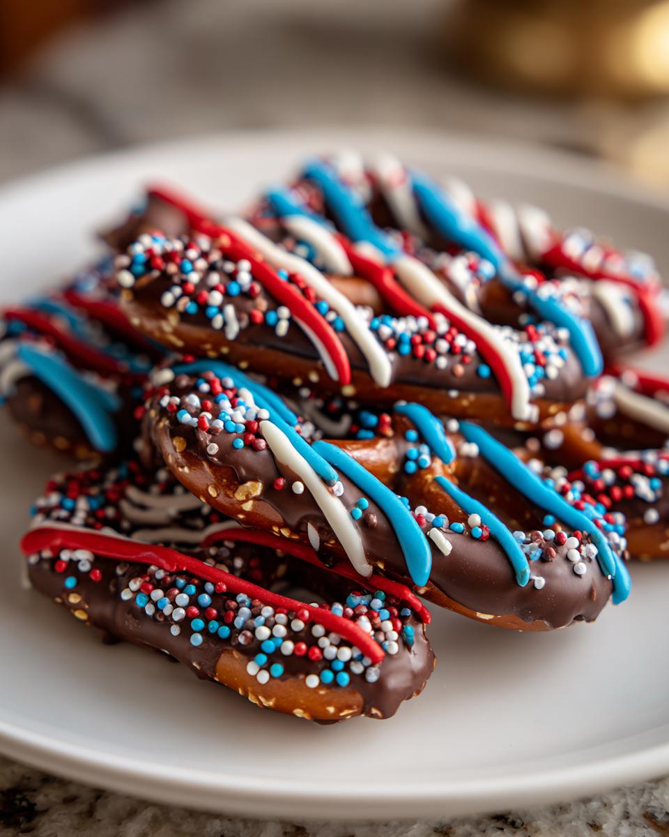 Close-up of chocolate-covered pretzels with red, white, and blue sprinkles and drizzle, perfect for Fourth of July desserts.