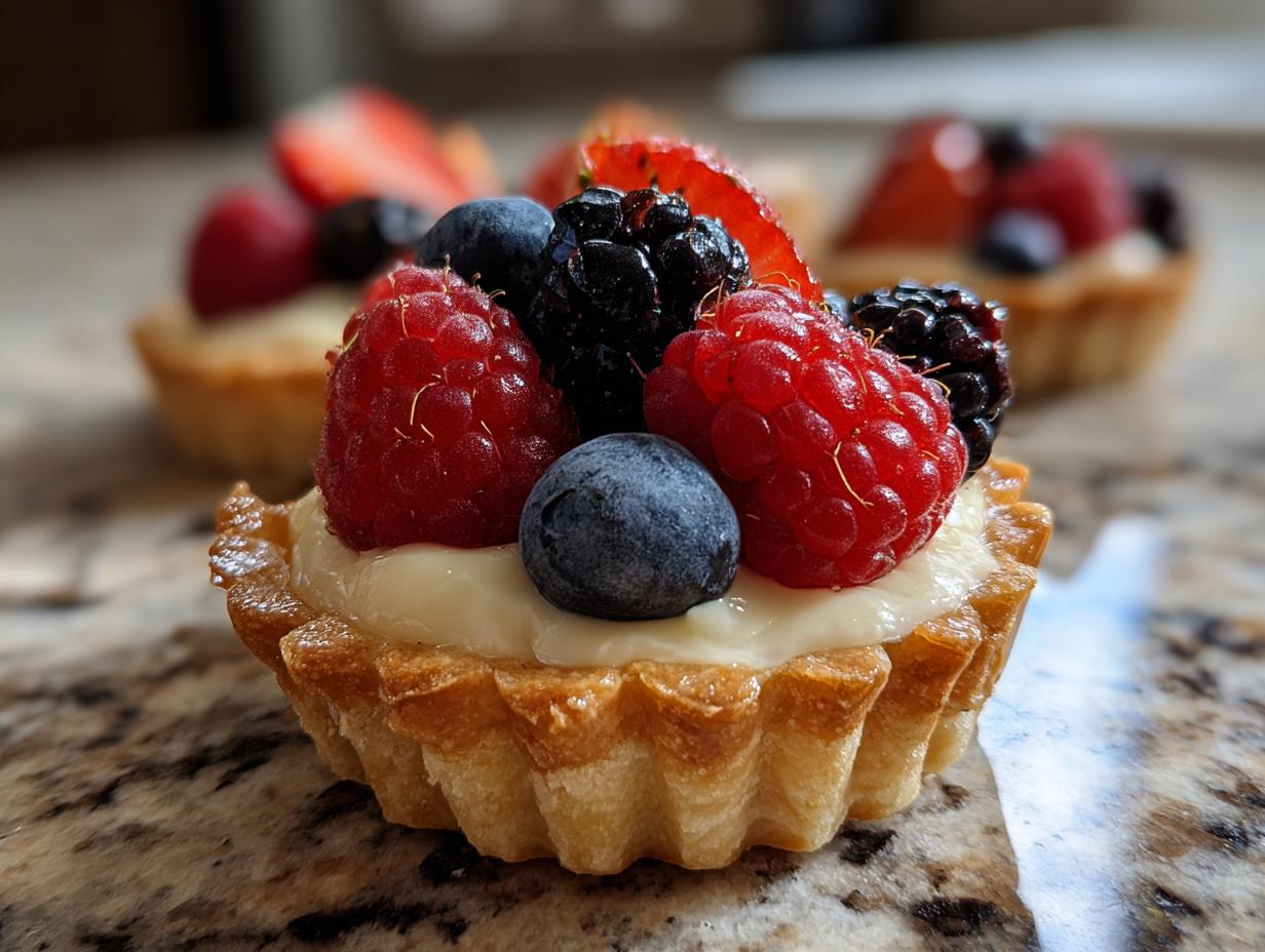 Close-up of a mini tartlet filled with cream and topped with fresh berries, perfect for Fourth of July desserts.