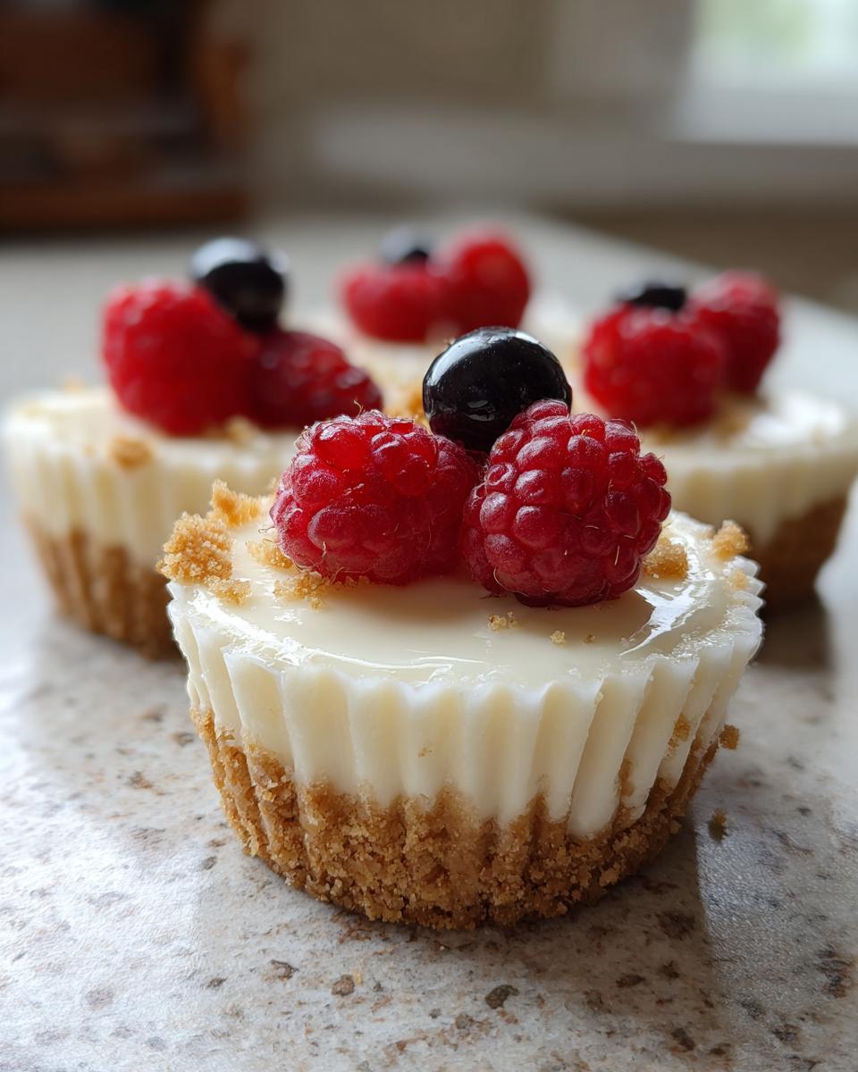 Close-up of no bake cheesecake cups topped with fresh raspberries and blueberries, perfect for Fourth of July desserts.