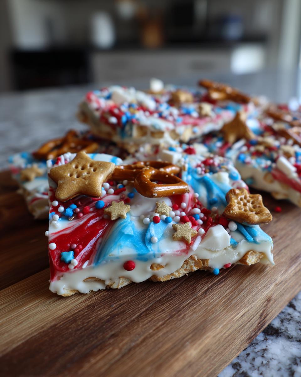 Close-up of Fourth of July Desserts: Patriotic Snack Mix Bark with red, white, and blue swirls, pretzels, and star sprinkles.