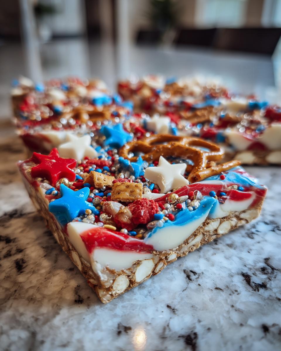 A close-up of a slice of Fourth of July Desserts: Patriotic Snack Mix Bark, decorated with red, white, and blue sprinkles, stars, and pretzels.