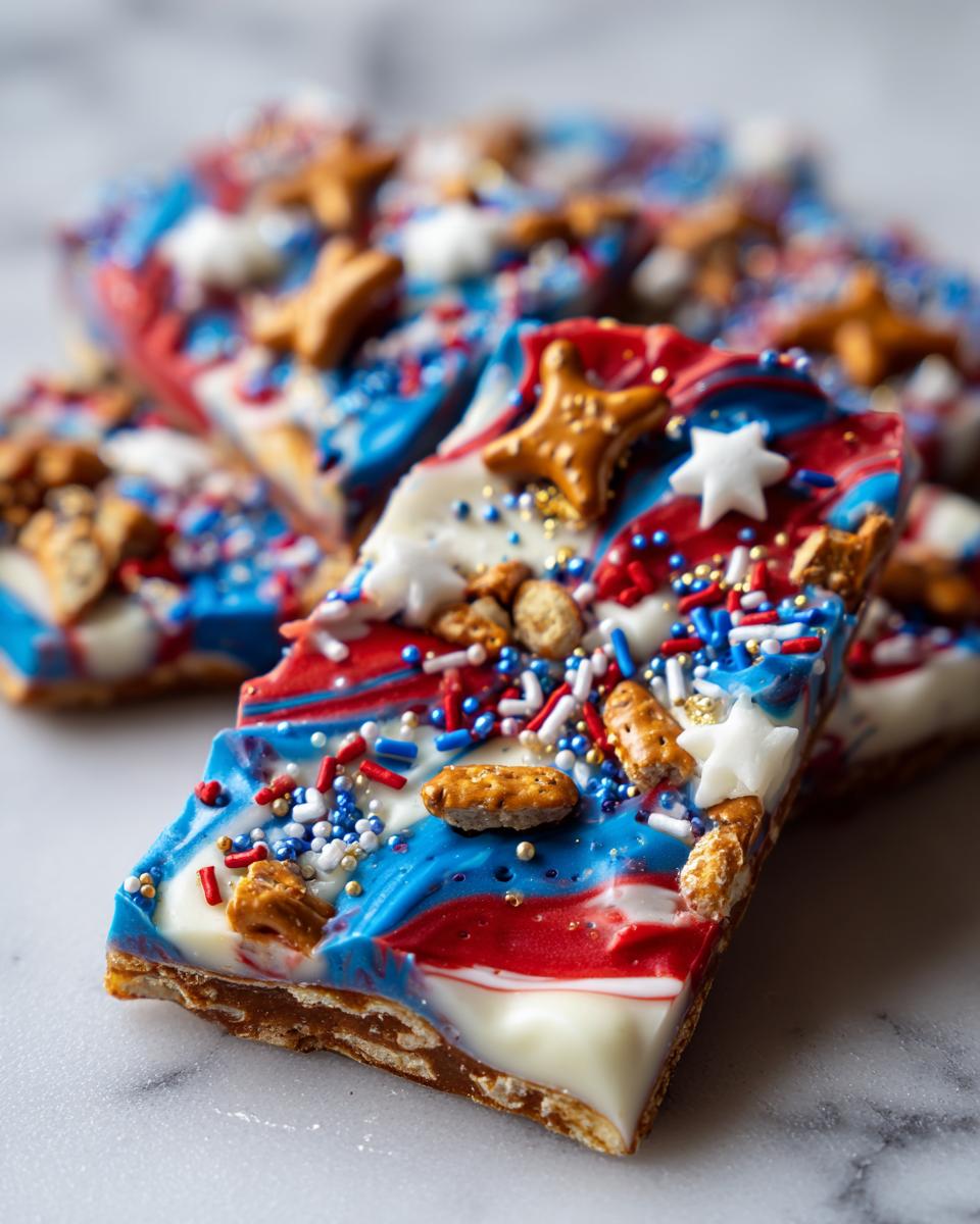 Close-up of a piece of Fourth of July dessert bark with red, white, and blue swirls, pretzels, and sprinkles.