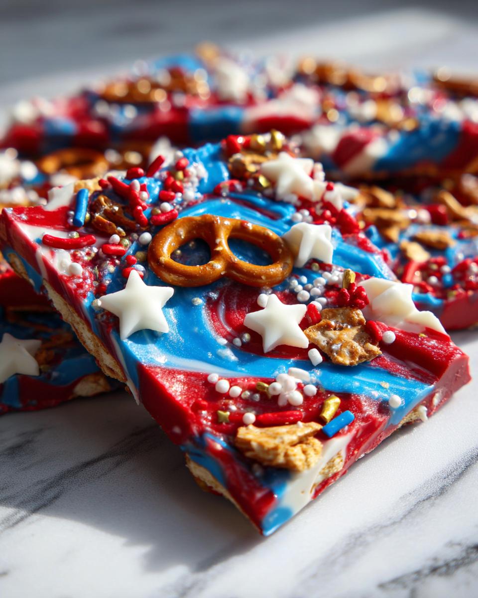 Close-up of a slice of Fourth of July Desserts, a patriotic snack mix bark with red, white, and blue swirls and festive toppings.