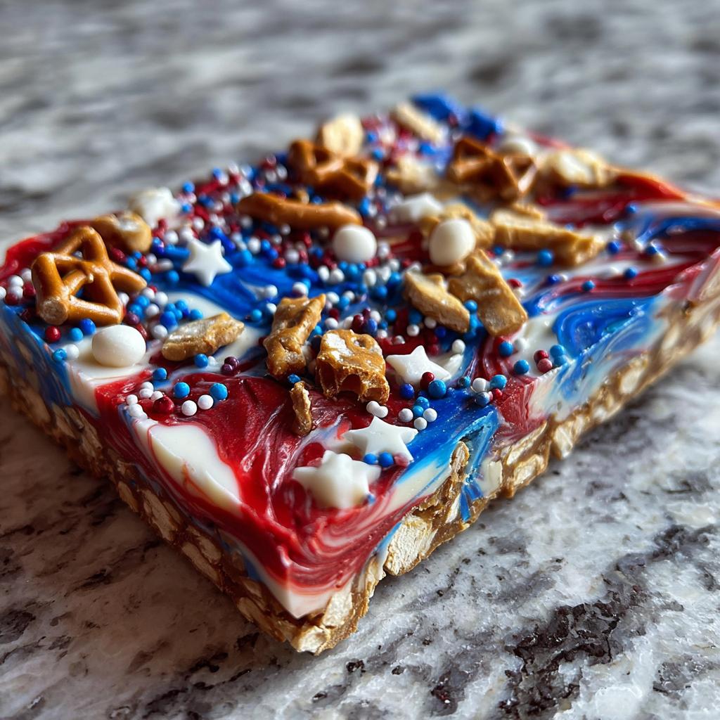 A slice of Fourth of July dessert bark with red, white, and blue swirls, covered in patriotic sprinkles and pretzel pieces.
